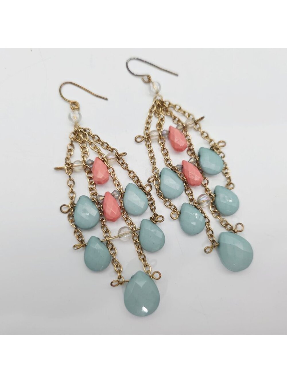 Gold-Tone Chain Chandelier Earrings With Pink & Blue Beads